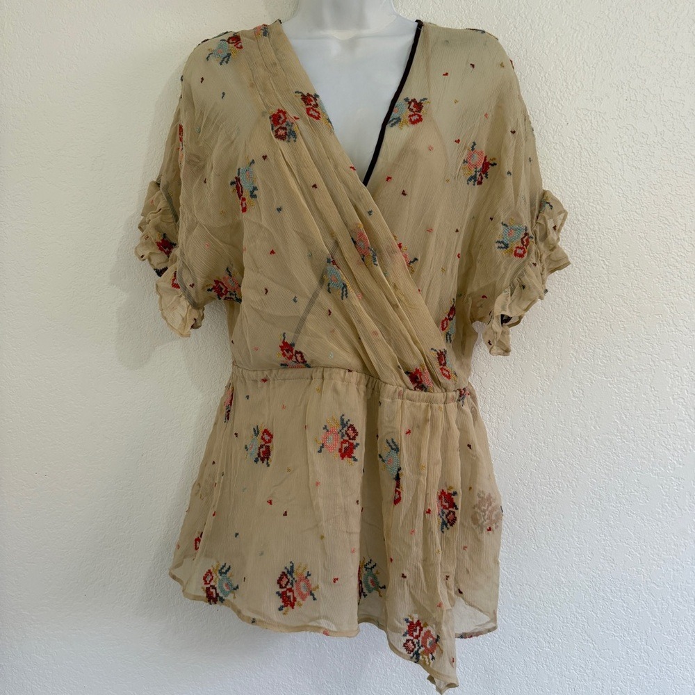 chiffon y2k cross stitched tan flowy blouse floral medium